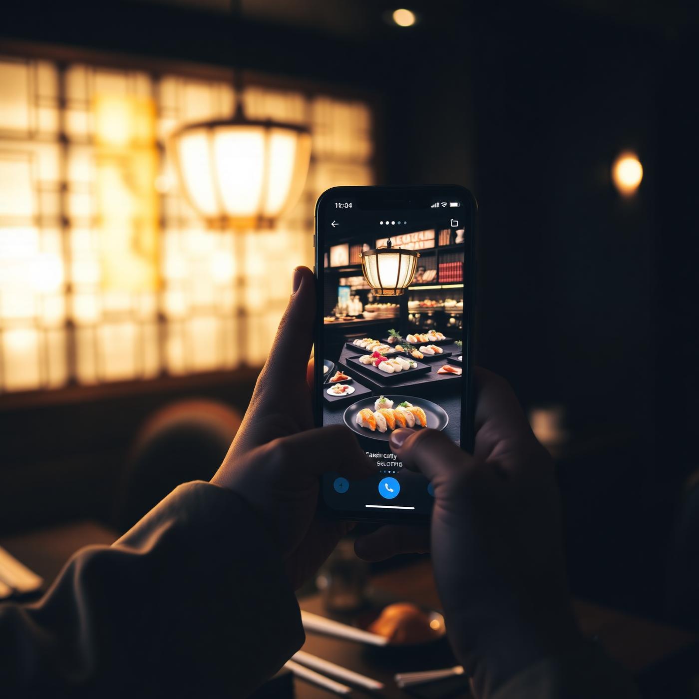 Cliente visualizando anúncio de sushi no celular em restaurante japonês